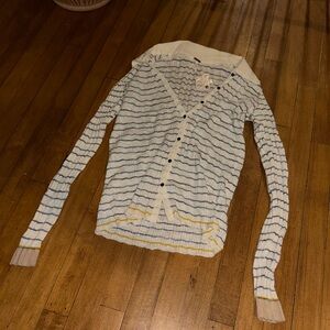 Free People Cream and Blue Striped Collared Cardigan XL NWT